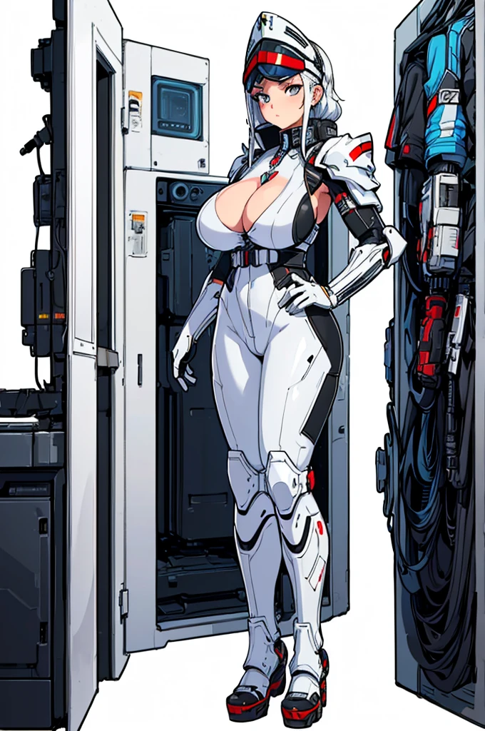 (masterpiece, best quality, high resolution, ((huge breasts)) 1 woman, white cyberpunk style full body military armor, cyberpunk style head covering visor, serious posture(, white background, stickers. Redmond), (( full body standing)),
