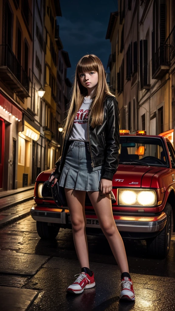 NSFW,A low angle shot photograph of a full standing (13 years old teenager Sierra McCormick Jessie:1.5), (long straight chestnut bangs hair), hazel eyes, pale skin, skinny, from three quarters crossing a street in sicily at nightfall | CLOTHES: red jacket, black slit skirt, high yellow tennis shoes, metal grey shoulder bag | [BACKGROUND: rainy street of Catania, Sicily, Italy, by night, white and red taxi | EQUIPEMENT: Nikon D750 | LENS: 80mm