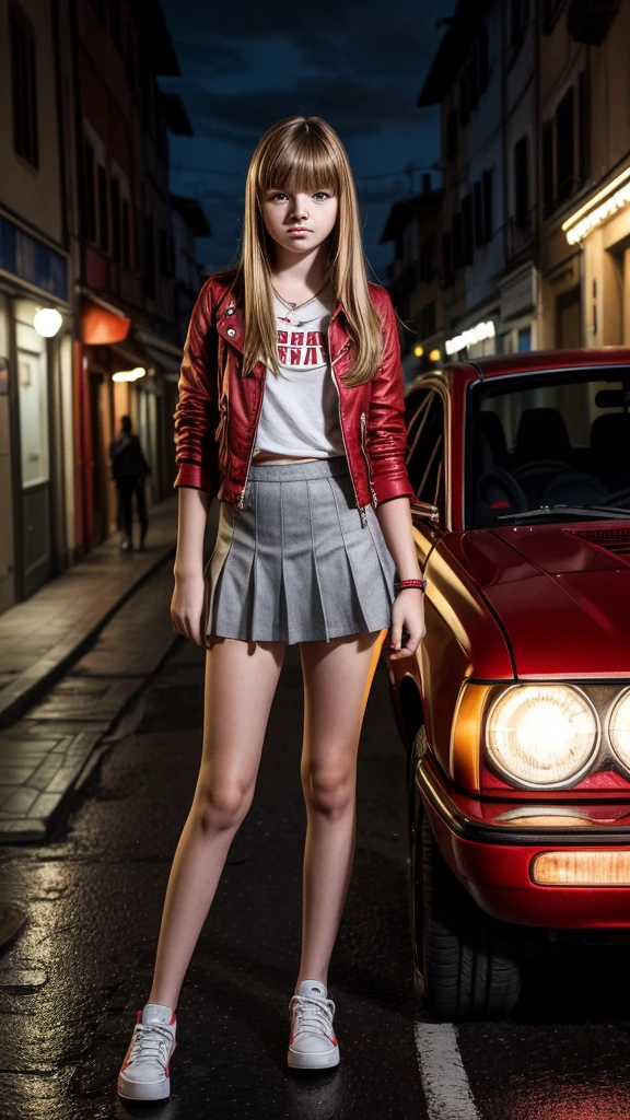 NSFW,A low angle shot photograph of a full standing (13 years old teenager Sierra McCormick Jessie:1.5), (long straight chestnut bangs hair), hazel eyes, pale skin, skinny, from three quarters crossing a street in sicily at nightfall | CLOTHES: red jacket, black slit skirt, high yellow tennis shoes, metal grey shoulder bag | [BACKGROUND: rainy street of Catania, Sicily, Italy, by night, white and red taxi | EQUIPEMENT: Nikon D750 | LENS: 80mm