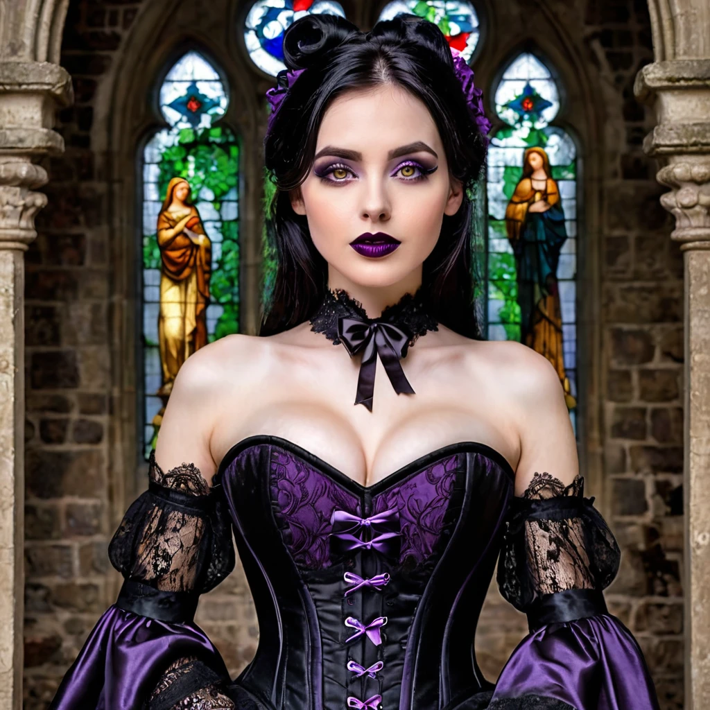 gothic scenario: Abandoned abbey in the middle of a dense forest, with ivy-covered stone walls and broken stained glass windows, illuminated by the soft light of the full moon.
gothic clothes: Black Victorian dress with lace and bow details, corset with front ties, without panties and bra.
Pose: Standing in front of the abbey altar, with one hand holding the corset and the other resting at her side, looking at the camera with an intense and enigmatic gaze, in a sensual pose that highlights every detail of the body.
Physical characteristics: 20 year, light amber eyes with dark makeup around them, shoulder length black hair with purple dyed ends, long neck, discreet smile with dark lipstick, Small face, Bust Big, V shape, slim, Average height, athletic body, pale skin, Gothic style.