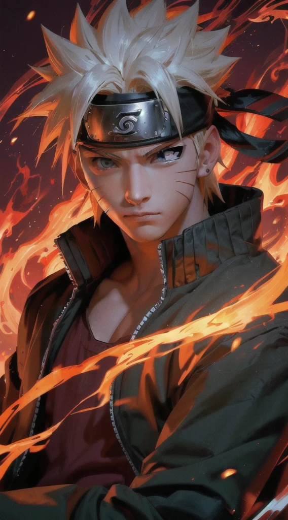  character with fire and flames in his hair, badass 8 k, naruto artstyle, 