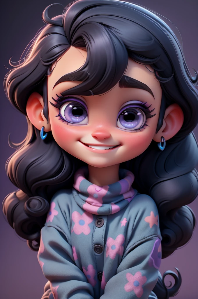 3d, baby, chibi, cute, Katy Perry, purple glitter outfit, smiling, barbie , black hair, blue eyes, bright eyes, black hair, white background, vivid, perfect
