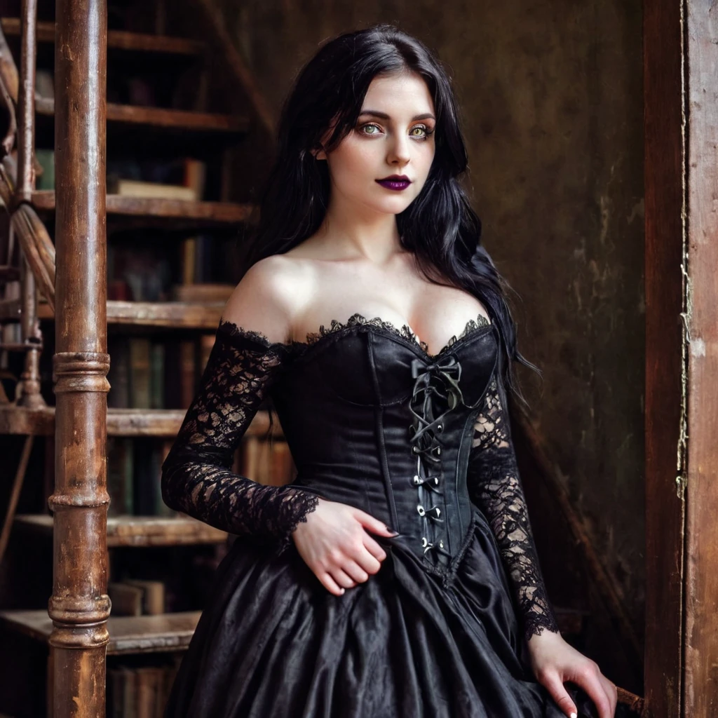 gothic scenario: Old library with dark wooden shelves full of dusty books, a candle chandelier hanging from the ceiling, and a wooden ladder to access the highest books.
gothic clothes: Short black satin dress with lace details, fitted corset, without panties and bra.
Pose: Standing on wooden stairs, with one hand holding the side of the ladder and the other leafing through an old book, looking at the camera with a thoughtful and mysterious look, in a sensual pose that highlights every detail of the body.
Physical characteristics: 20 year, light green eyes with dark makeup around them, shoulder length black hair with purple dyed ends, long neck, discreet smile with dark lipstick, Small face, Bust Big, V shape, slim, Average height, athletic body, pale skin, Gothic style.