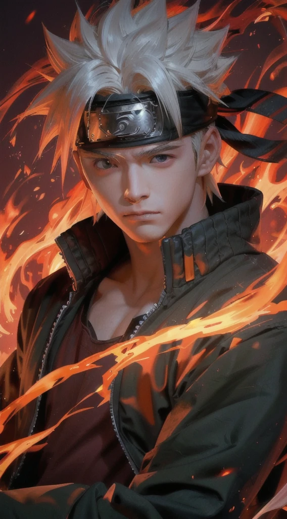  character with fire and flames in his hair, badass 8 k, naruto artstyle, 