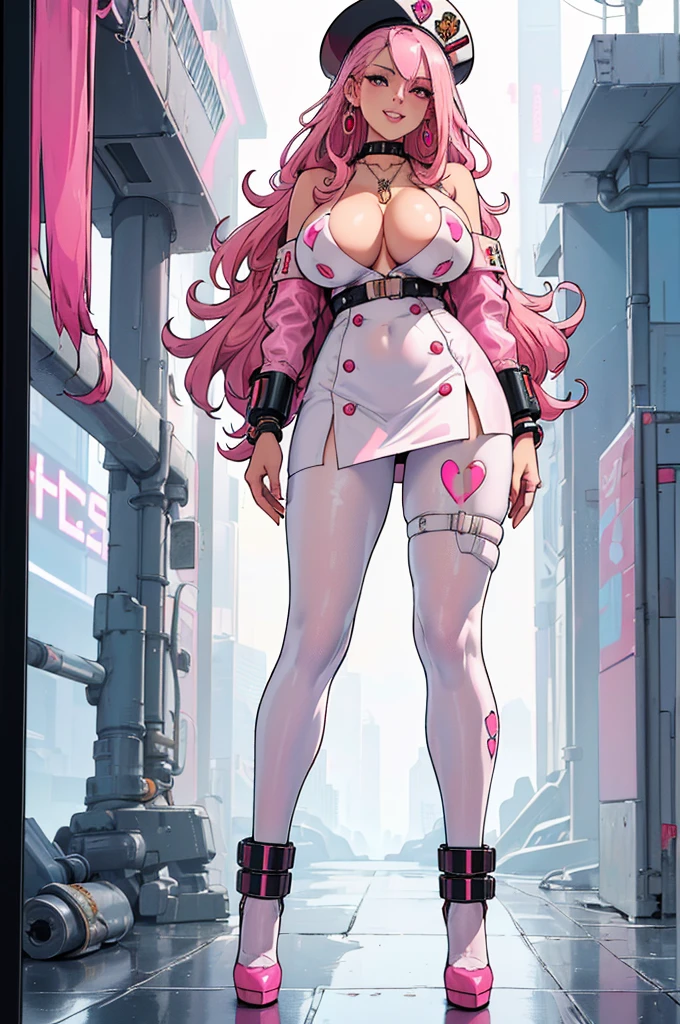 (masterpiece, best quality, high resolution, ((huge breasts)) 1 mature woman, very long wavy pink hair, pink lips, white military clothes, cyberpunk style, pantyhose, heels, necklace, bracelets, earrings, cyberpunk style military hat , smile ( white background, stickers. Redmond), ((full body standing)),
