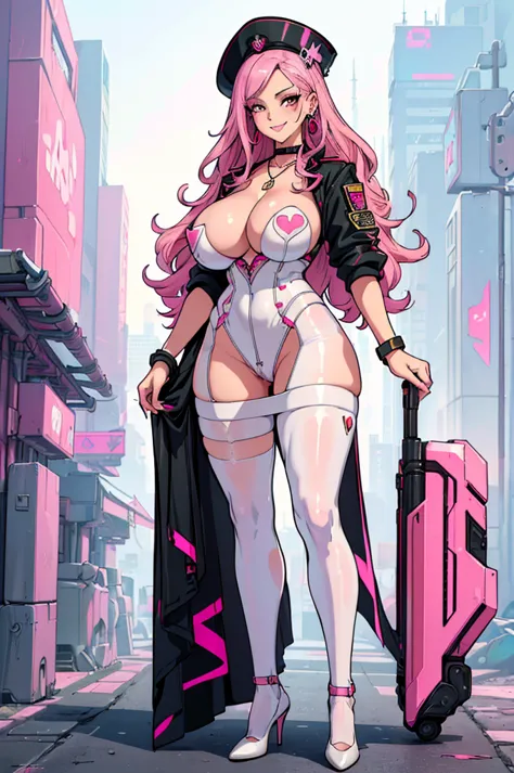 (masterpiece, best quality, high resolution, ((huge breasts)) 1 mature woman, very long wavy pink hair, pink lips, white militar...