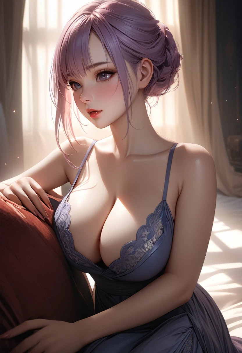 1girl, elegant erotic 20 year old girl, huge breasts, lavender hair, maxi dress, lingerie, (best quality,4k,8k,highres,masterpiece:1.2),ultra-detailed,(realistic,photorealistic,photo-realistic:1.37),intricate details, delicate facial features, beautiful eyes, long eyelashes, small nose, full lips, porcelain skin, natural lighting, warm color palette, chiaroscuro lighting, dramatic shadows, sensual, alluring, mature themes, artistic, dreamlike, ethereal