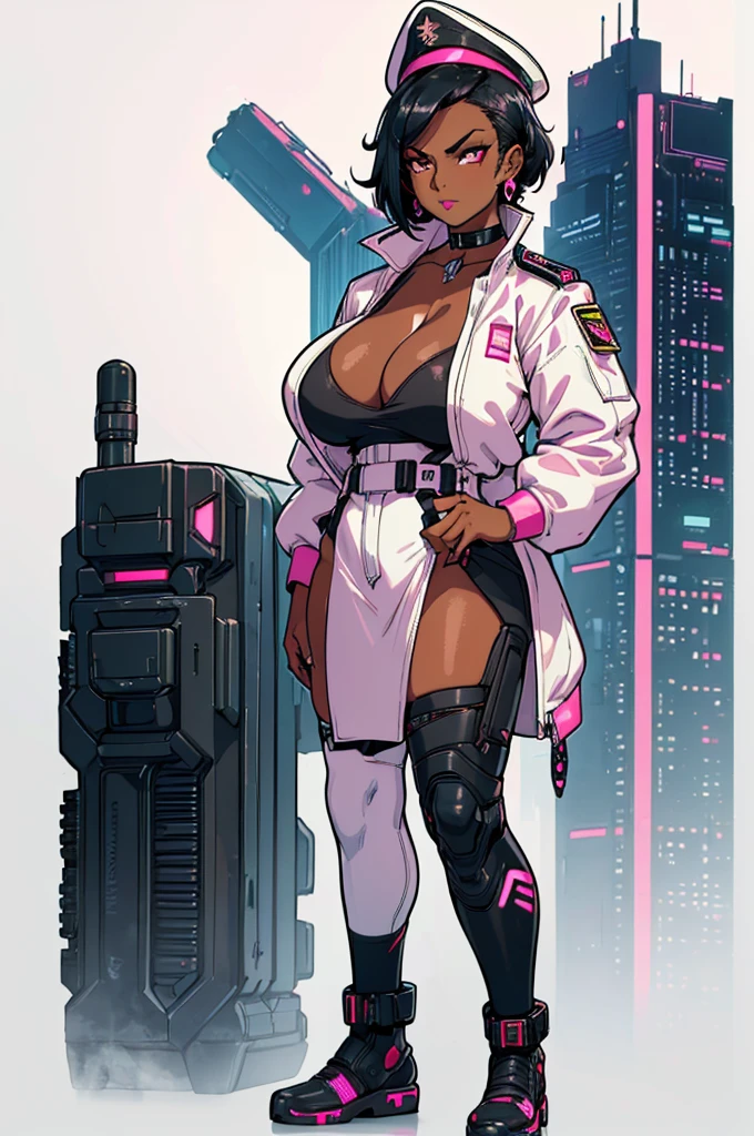 (masterpiece, best quality, high resolution, ((huge breasts)) 1 mature woman, very short black cyberpunk hair, ((dark skin)), pink lips, white military clothes cyberpunk style, cyberpunk style military hat, choker, earrings , serious posture ( white background, stickers. Redmond), ((full body standing)),
