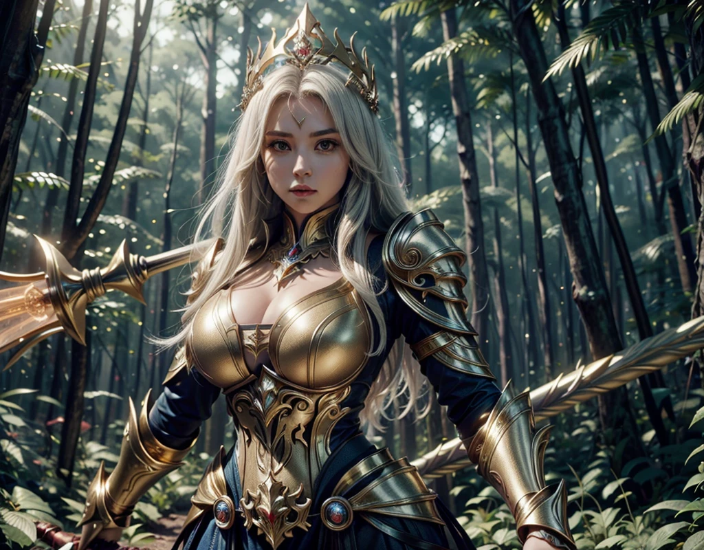 She's facing me staring at me. In a pleasant forest, there are full-body women highlighting their rosta, their coarse feathers, hips. A goddess with long white hair, ultra detailed eyes, golden crown, holding a staff with large magic crystal in the white glowing center, wearing a blue costume of paladin powers, futuristic. Templar Armor with Fine Gold Accents, Details:1.2) 4K ultra-HD, digital SLR, soft lighting, high quality