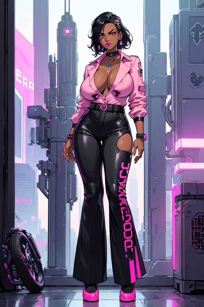 (masterpiece, best quality, high resolution, ((huge breasts))1 mature woman, very short cyberpunk style black hair, ((dark skin)), pink lips, cyberpunk style long sleeve blouse, neckline, cyberpunk style pants, choker ,bracelets,earrings, ( white background, stickers. Redmond), ((full body standing)),
