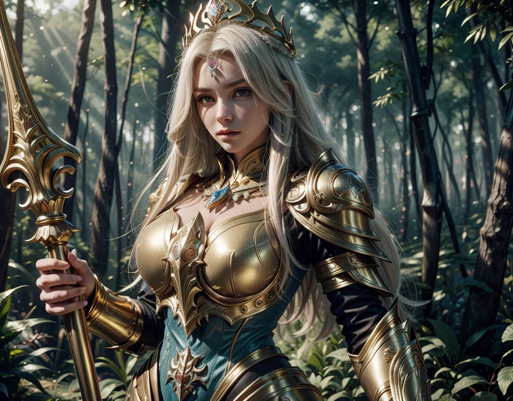 She's facing me staring at me. In a pleasant forest, there are full-body women highlighting their rosta, their coarse feathers, hips. A goddess with long white hair, ultra detailed eyes, golden crown, holding a staff with large magic crystal in the white glowing center, wearing a blue costume of paladin powers, futuristic. Templar Armor with Fine Gold Accents, Details:1.2) 4K ultra-HD, digital SLR, soft lighting, high quality