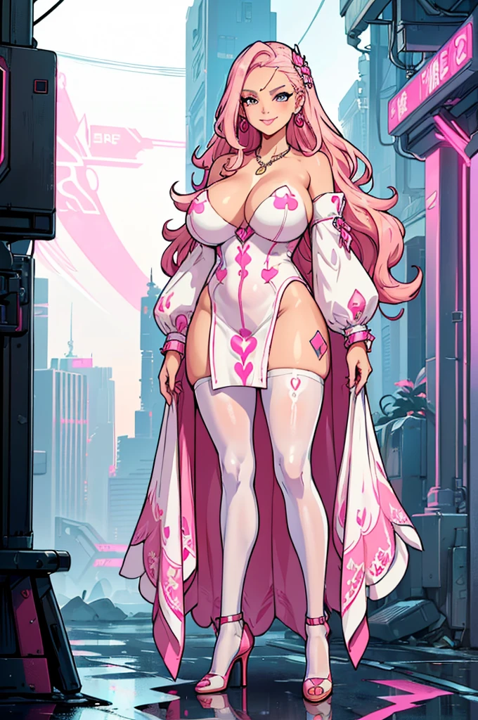 (masterpiece, best quality, high resolution, ((huge breasts))1 mature woman, very long and wavy pink hair, pink lips, long-sleeved white dress with cyberpunk style straps, pantyhose, heels, necklace, bracelets, earrings, smile ( white background, stickers. Redmond), ((full body standing)),
