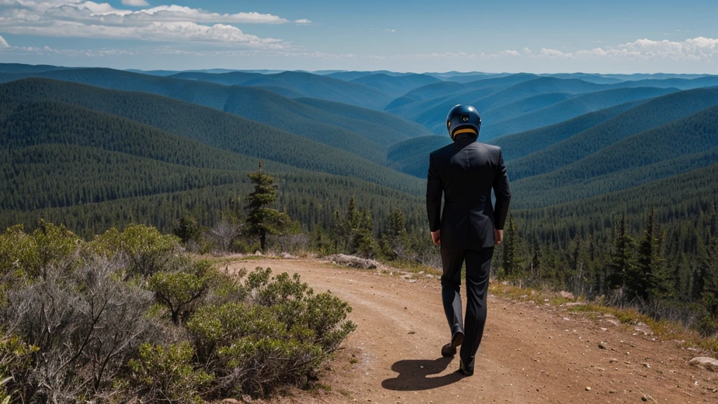 A Luxury Sales Suit man wearing a black rider full-face helmet overlooking wilderness,full body,standard rider black full face helmet,back view of the man, background is a wilderness,a man overlooking wilderness,a man overlooking wilderness,a man overlooking wilderness,a man overlooking wilderness,a man overlooking wilderness,full body,full body,full body,full body,with black rider full-face helmet,with black rider full-face helmet,with black rider full-face helmet,wearing black rider full-face helmet,wearing black full-face helmet,wearing black full-face helmet,overlooking wilderness,overlooking wilderness,Back view,Back view,Back view,Back view,Draw people small,Draw people small,Spectacular views,Spectacular views,Spectacular views,lonely man,lonely man,a black full-face helmet,a black full-face,A Luxury Sales Suit man,with Luxury Sales Suit