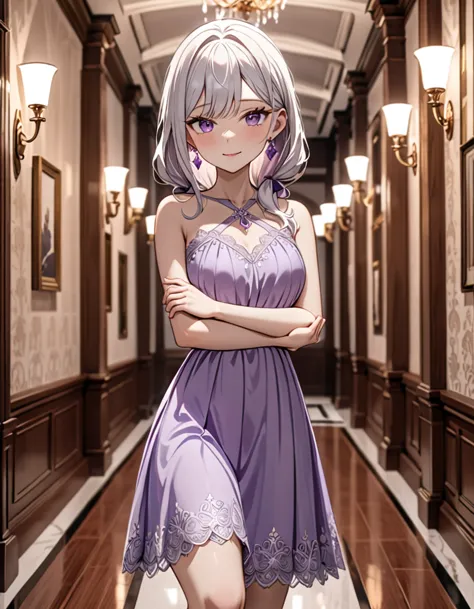 1 girl, short, slim, cute, purple eyes, very long hair, white hair, hair reaching ankles, sleep light purple dress, hallway, blu...