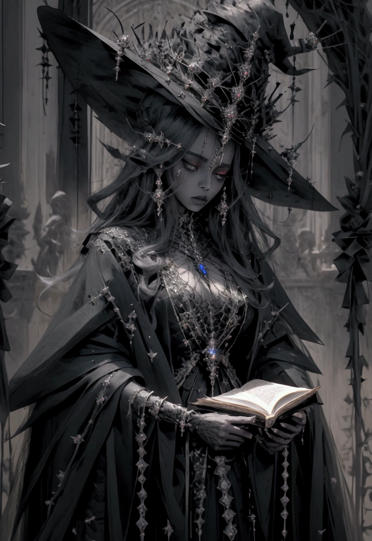 beautiful witch queen in gothic warrior costume and with crown. inside a coven practicing black magic with a book of dark magic and his staff of power.