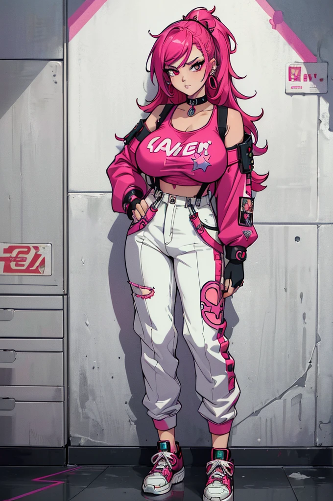 (masterpiece, best quality, high resolution, ((huge breasts))1 joben girl,, very long magenta punk-style hair, red long-sleeved t-shirt with cyberpunk-style suspenders, white cyberpunk-style pants, sneakers, style cyberpunk, choker, bracelets, star earrings, ( white background, stickers. Redmond), ((full body standing)),
