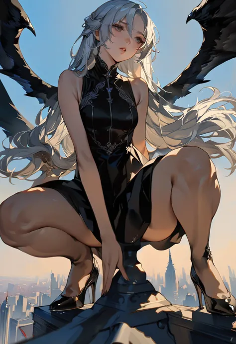 ((Highest quality)), ((masterpiece)), (detailed), One girl,Silver Hair,Long Hair，Dark Skin,Wearing a black sleeveless dress，Wear...