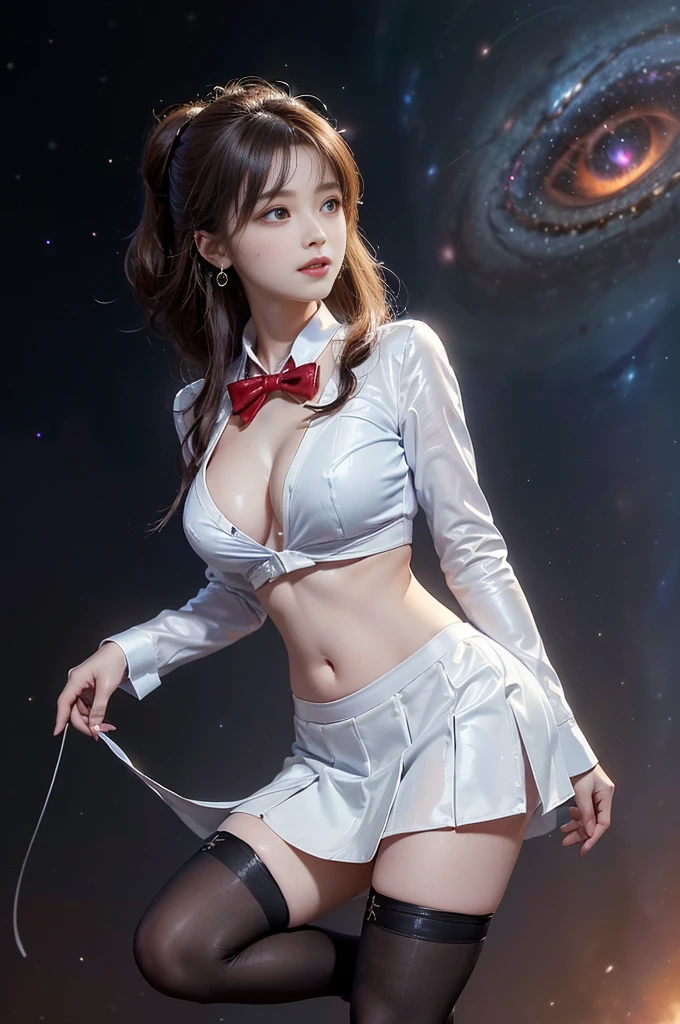 8K, masutepiece, highest quality raw, Photorealistic, Highly detailed CG Unity 8k wallpaper, depth of fields, Cinematic Light, Lens Flare, Ray tracing, (Extremely beautiful face, Beautiful lips, Beautiful eyes), intricate detail face, ((Ultra detailed skin)) 1girll, In the Dark, deepshadow, Pretty Korean girl, Kpop Idol, 1 girl, (very slim and slender muscular body:1.3), ((view the viewer)),(Big smile:1.3),  (The erection  (female students)、((white blazer open front、emblem on breasts)）,((Translucent white blouse front opening))、((red bowtie))、(Neon Light Sign), (Blurred background), Fashion Street Night),(No one is in the background:1.3), Beautiful earrings, bangle, Necklace, Black stockings, Clear eyes, (pale skin), (big eye ace forward, ((flared skirt mini:)),(Brown hairs), (see through), (view the viewer:1.3) opened breast, Very slim, medium breasts, turn back,((Black Stockings Rack High Heels High Resolution Bulge Eye:1.２)、 (Slim legs),Lower breast、Oily skin、skinny、 (the underside of the chest is slightly visible),(目に見えるLower breast、I can see your belly button and ribs)、Hip bones and lower abdomen are visible、Dark blue flared skirt、(lift up skirt）((Milky Way galaxy in the background))、