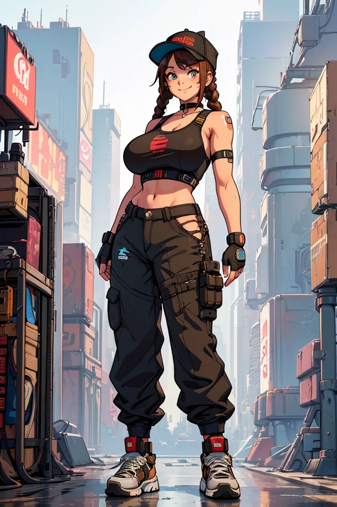 (masterpiece, best quality, high resolution, ((huge breasts)) girl, brown hair tied in 2 wide braids, freckles, tank top with straps, wide cyberpunk style mechanic pants, cyberpunk style sneakers, choker, style hat, cyberpunk, fingerless gloves, smile,( white background, stickers. Redmond), ((full body standing)),
