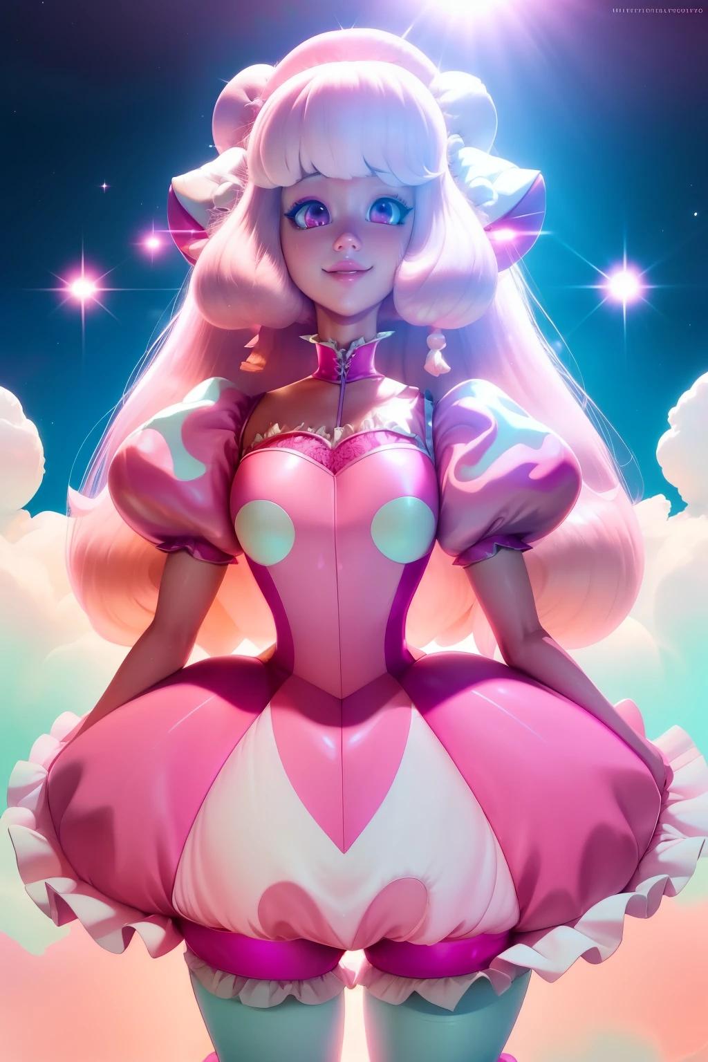 pnkdamond, pink hair, pink eyes,  big hair,  stomach gem,  pink skin,  toned, 
puffy short sleeves, elbow gloves ,  white thighhighs,   puffy dress, 
standing, upper body, 
 outerspace,  
(insanely detailed, beautiful detailed face,beautiful detailed eyes, masterpiece, best quality) cinematic lighting,  smile, 
 