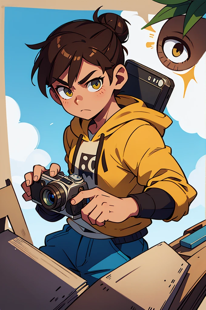 Blue and yellow eyes, holding old school camera in hand, hoodie on, thick brown hoodie, male, fair skin. 20 years old, brown hair in messy bun.