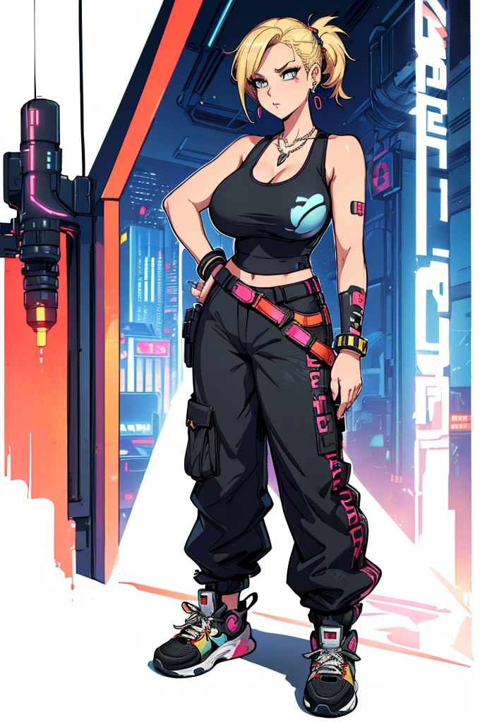 (masterpiece, best quality, high resolution, ((huge breasts)) 1 joben girl, blonde hair, cyberpunk style punk hairstyle, mesh tank top, cyberpunk style pants, cyberpunk style sneakers, necklace, bracelets, long earrings, ( white background , stickers Redmond), ((full body standing)),
