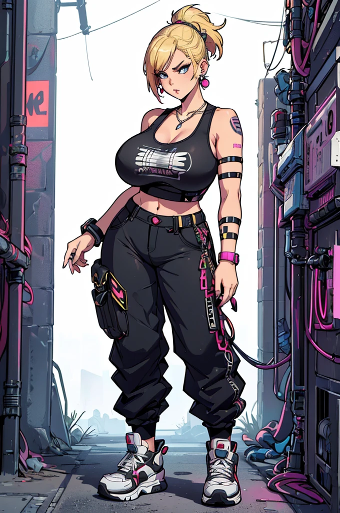 (masterpiece, best quality, high resolution, ((huge breasts)) 1 joben girl, blonde hair, cyberpunk style punk hairstyle, mesh tank top, cyberpunk style pants, cyberpunk style sneakers, necklace, bracelets, long earrings, ( white background , stickers Redmond), ((full body standing)),
