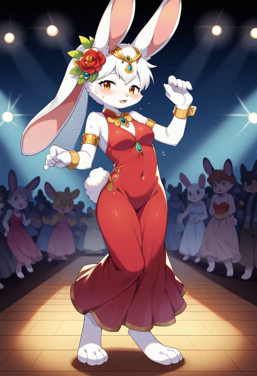 ((Masterpiece)), ((Best Quality)), (Very Detailed), ((Very Detailed)), 4K, (8K), very aesthetic, absurdres highres, 1 girl, (anthropomorphic rabbit, furry, kemono:1.8), Flamenco dancer, red dress, ruffles, flower hairpiece, passionate look, sweat, graceful pose, wooden stage, spotlight, audience, night, red, orange, yellow, white light, sweat shine, dress shine , intense gaze, graceful movements, turns, steps, hand movements