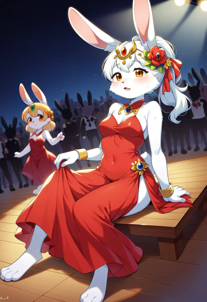 ((Masterpiece)), ((Best Quality)), (Very Detailed), ((Very Detailed)), 4K, (8K), very aesthetic, absurdres highres, 1 girl, (anthropomorphic rabbit, furry, kemono:1.8), Flamenco dancer, red dress, ruffles, flower hairpiece, passionate look, sweat, graceful pose, wooden stage, spotlight, audience, night, red, orange, yellow, white light, sweat shine, dress shine , intense gaze, graceful movements, turns, steps, hand movements