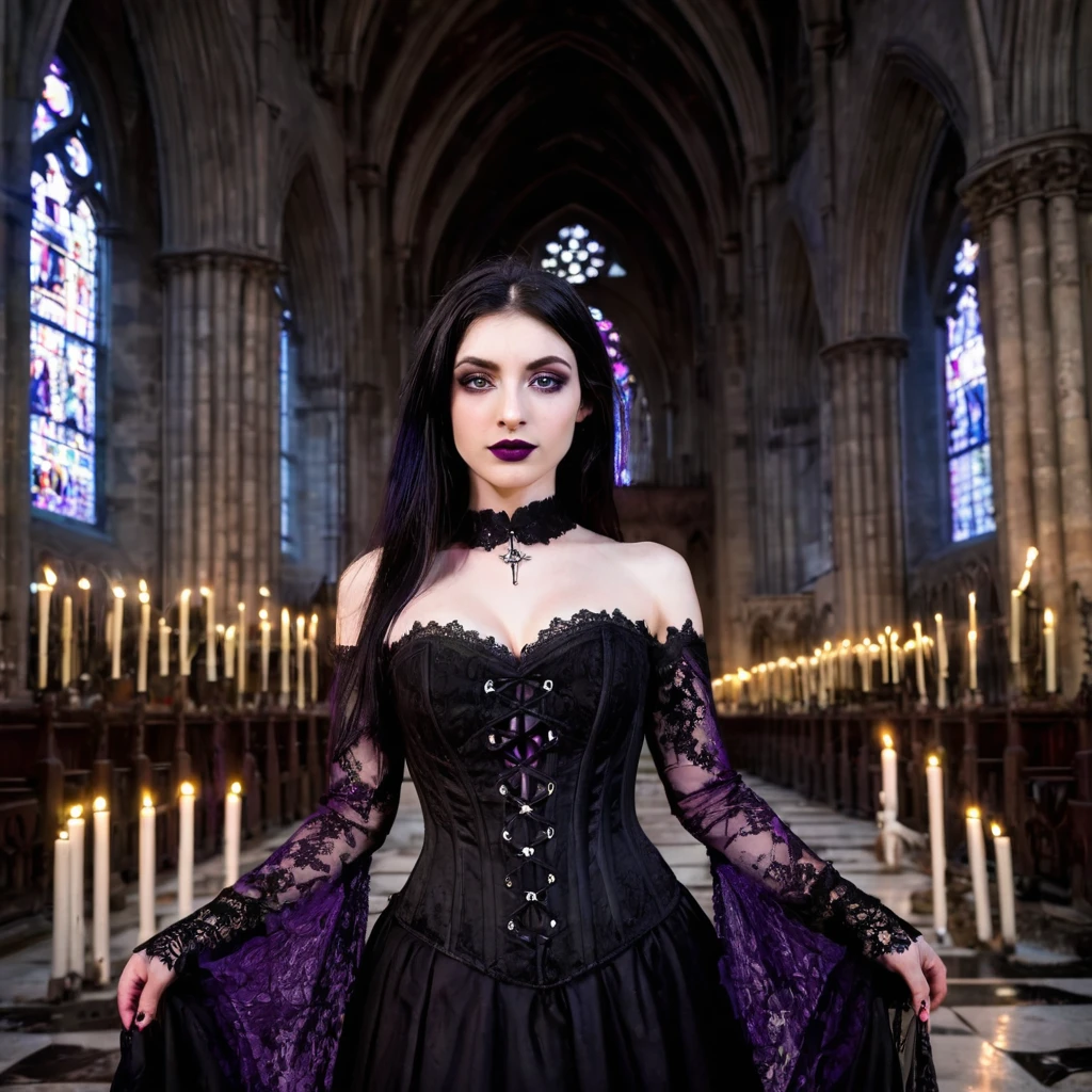 gothic scenario: Abandoned cathedral with broken stained glass, stone altars and unlit candles, illuminated by the soft moonlight streaming through the windows. gothic clothes: Long black lace dress, fitted corset, without panties and bra. Pose: Standing in the central aisle of the cathedral, with one hand raised touching a column and the other hanging at the side of the body, looking straight ahead with an intense and enigmatic gaze, in a sensual pose that highlights every detail of the body. Physical characteristics: 20 year, light green eyes with dark makeup around them, shoulder length black hair with purple dyed ends, long neck, discreet smile with dark lipstick, Small face, Bust Big, V shape, slim, Average height, athletic body, pale skin, Gothic style.