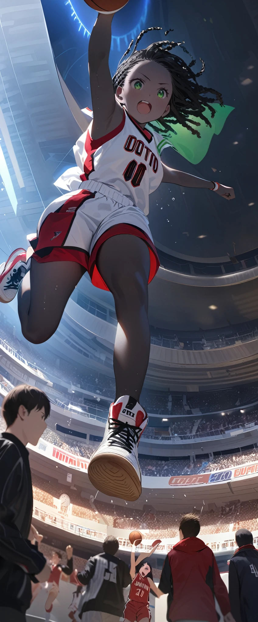 quality\(8k,wallpaper of extremely detailed CG unit, ​masterpiece,hight resolution,top-quality,top-quality real texture skin,hyper realisitic,increase the resolution,RAW photos,best qualtiy,highly detailed,the wallpaper,cinematic lighting,ray trace,golden ratio\), BREAK ,1girl\(hanging at basketball_ring\((dunk_shoot\((winning_dunk:1.5)\):1.5)\),beautiful, sweaty, breast,jumping high, basketball uniform, basketball shoes, tall, black skin, dreadlocks\), teammates\(American, basketball uniform, basketball shoes, running to her\(great joy,excited\)\), (electric clock says '00:00':1.5), from below, dynamic pose, dynamic angle, basketball coat,studium\(United Center\), many excited spectators,(stadium shaking with loud cheers:1.3),very historical photo,The Pulitzer Prize photo,photo\(high_speed_shutter\),2legs