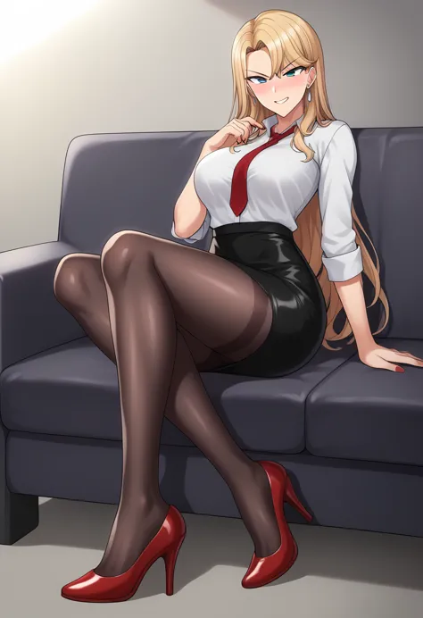 1girl, reika kurashiki, reika kurashiki from saimin seishidou, blonde hair, angry expression, siting on couch, in personal offic...