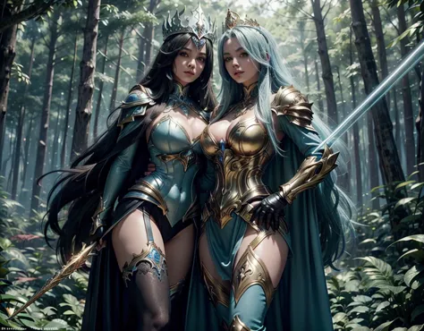 In a pleasant forest, women full body, legs thick, hips. wearing a blue suit of paladin powers, futurist. Armadura templária com...