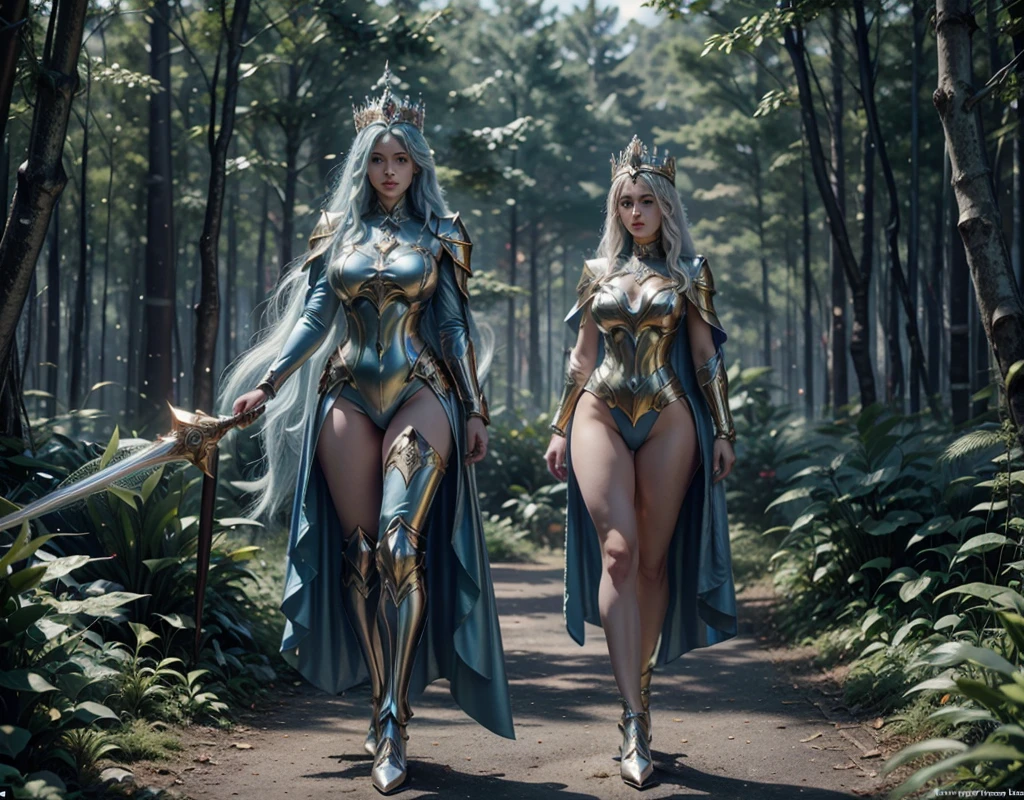 In a pleasant forest, women full body, legs thick, hips. wearing a blue suit of paladin powers, futurist. Armadura templária com detaileds de ouro fino, A goddess with long white hair, ultra detailed eyes, gold Crown, holding a wand with large magic crystal at the tip, shining white crystal, detaileds: 1.2) 4K ultra-HD, slr digital, soft lighting, high qualiy