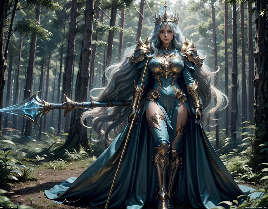 In a pleasant forest, women full body, legs thick, hips. wearing a blue suit of paladin powers, futurist. Armadura templária com detaileds de ouro fino, A goddess with long white hair, ultra detailed eyes, gold Crown, holding a staff with large glowing crystal at the tip of the glowing staff, detaileds: 1.2) 4K ultra-HD, slr digital, soft lighting, high qualiy