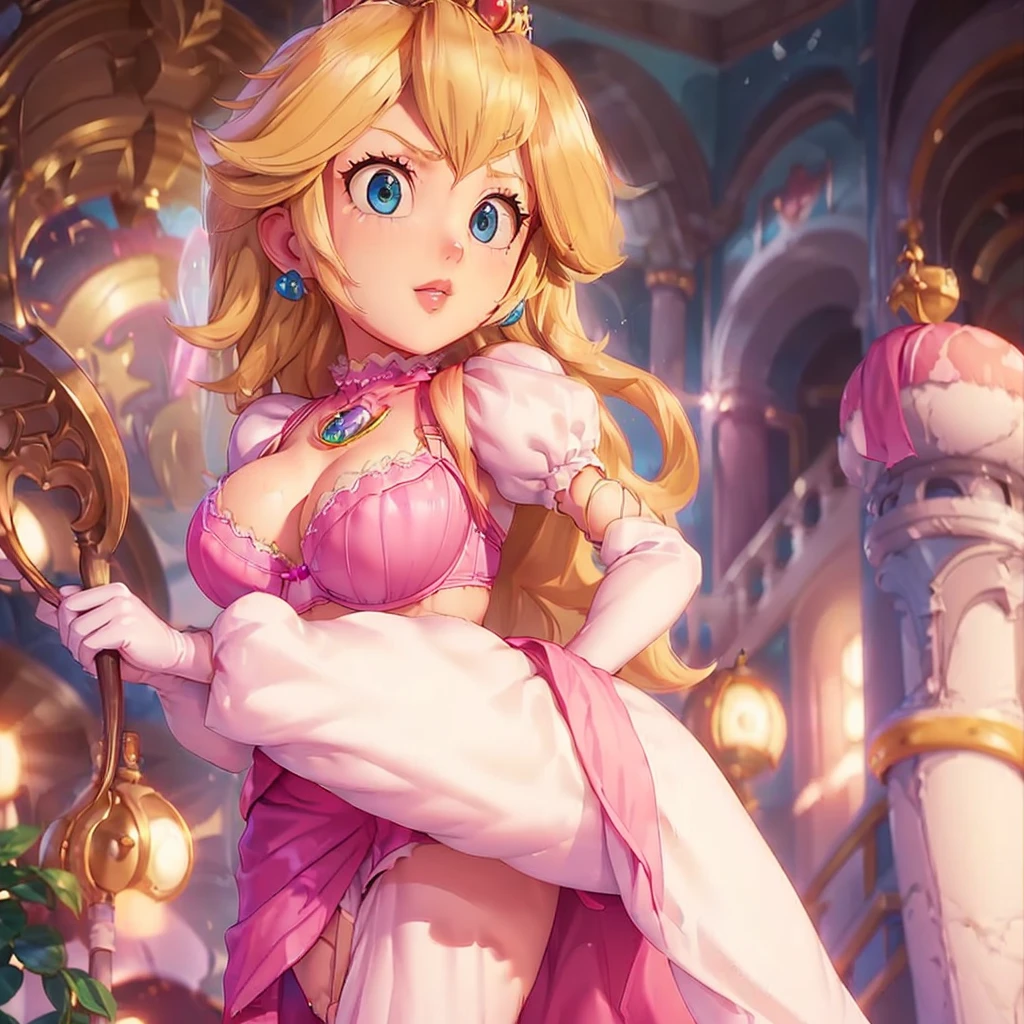 (Highest quality). (Super detailed). (One girl), View the viewer. (Detailed Background). Beautiful and fine details. Delicate and beautiful face. (High saturation), Big breasted, Saggy breasts, Blonde, Crown, (((Pink bra with straps))), (((Long legs))), (((Huge breasts))), 