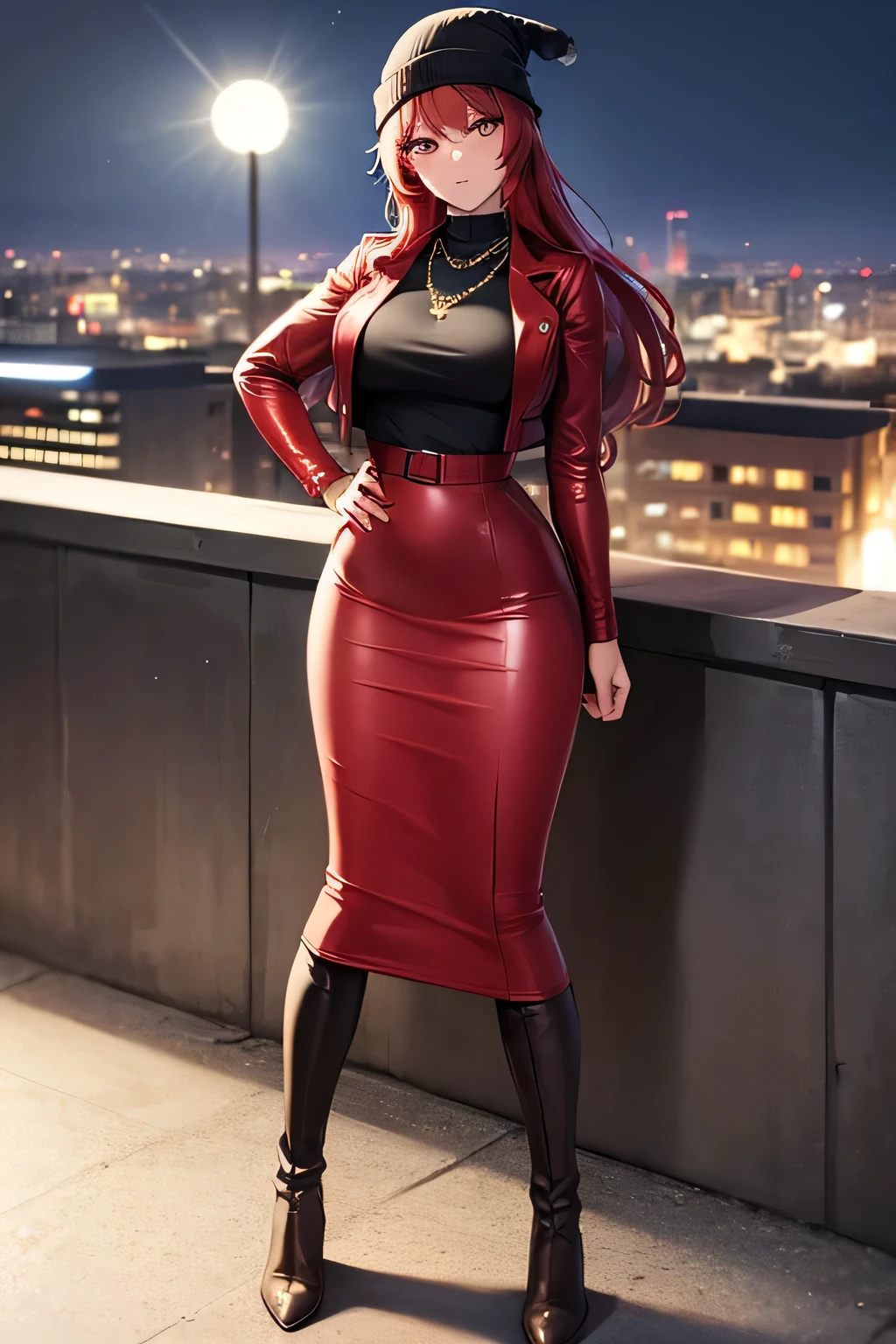 ((masterpiece, best quality, ultra-detailed)), beautiful woman looking at viewer, red leather jacket, black midi pencil skirt, long pencil skirt, leather boots, wearing beanie, necklace, full body, purple hair, city rooftop, fence, night sky, blue lights, hand on hip