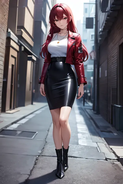 ((masterpiece, best quality, ultra-detailed)), beautiful woman looking at viewer, red leather jacket, black midi pencil skirt, l...