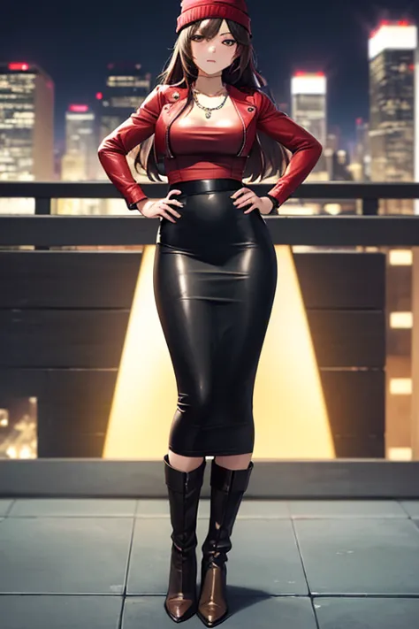 ((masterpiece, best quality, ultra-detailed)), beautiful woman looking at viewer, red leather jacket, black maxi pencil skirt, l...