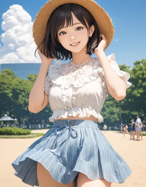 (best quality:1.2), 1girl, ueno park, cumulonimbus, blouse, skirt, summer, cowboy shot, shoot from front