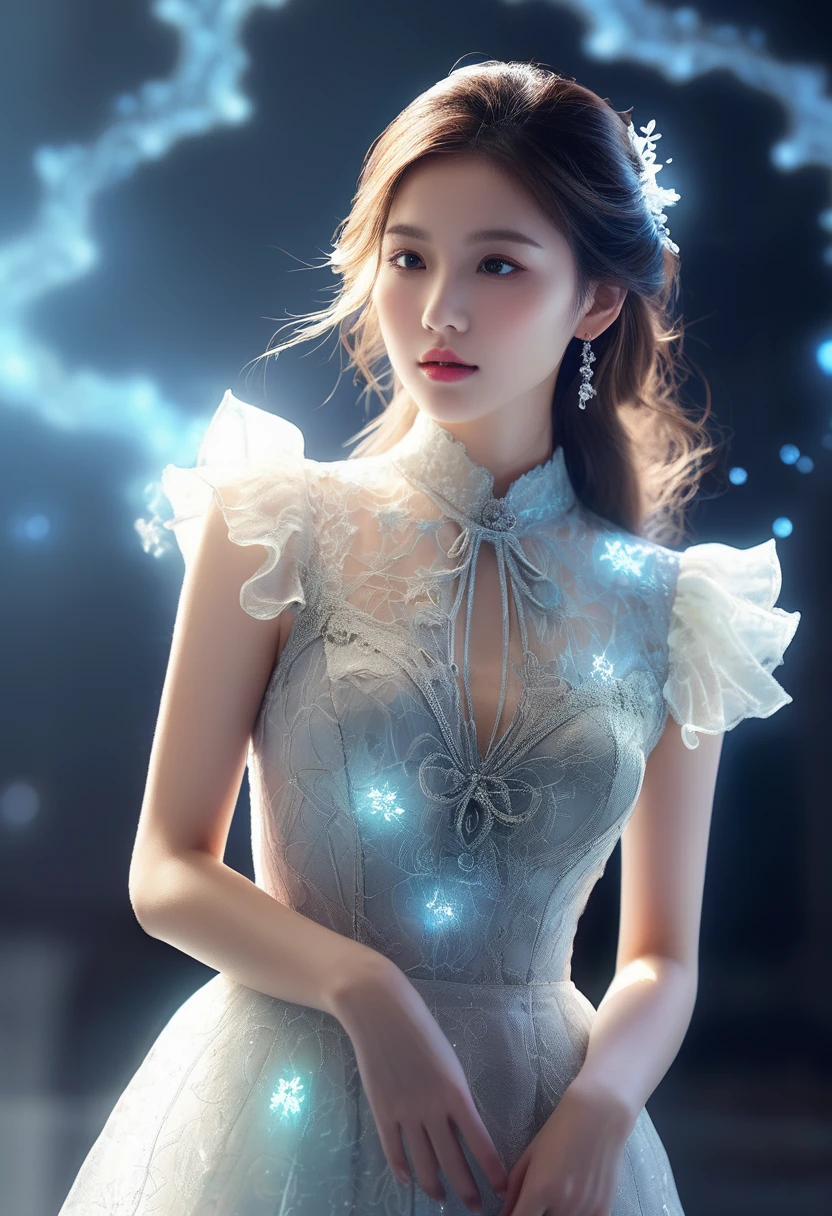 ((jewel_light element)), (Translucent luminous body_Wearing a light frilly blouse:1.3), (girl made of light: 1.2, Long wavy hairstyle with delicate features and light:1.3), (minimalism: 0.5), (Upper body close-up angle: 1.3), 4K, HDR, acid graphics, fantasy work, [Detailed and vivid faces: 0.33], (Translucent glowing body and hair made of light particles: 1.3), Silhouette outline and glowing beautiful woman, Understated elegance is revealed.. A calm and dignified atmosphere provides a subtle sense of luxury... gray smooth texture, stylish pose, bioluminescent tattoo, glowing pattern.
