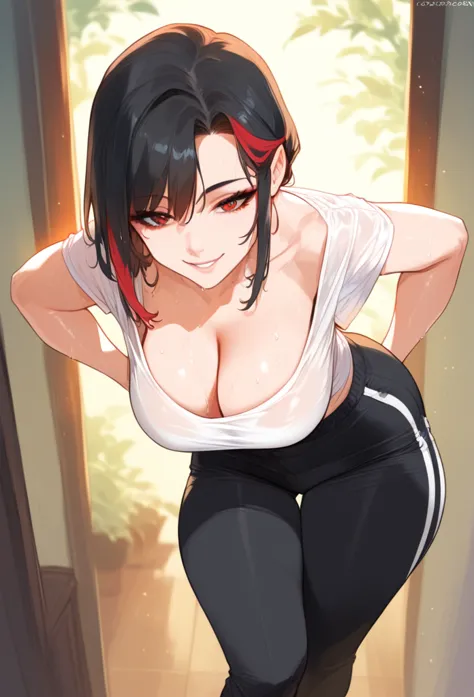 low above, mixed_artwork style, hanging , big , cleavage, sweaty, sexy, thicc
1 girl, standing alone, hands, asian, short black ...