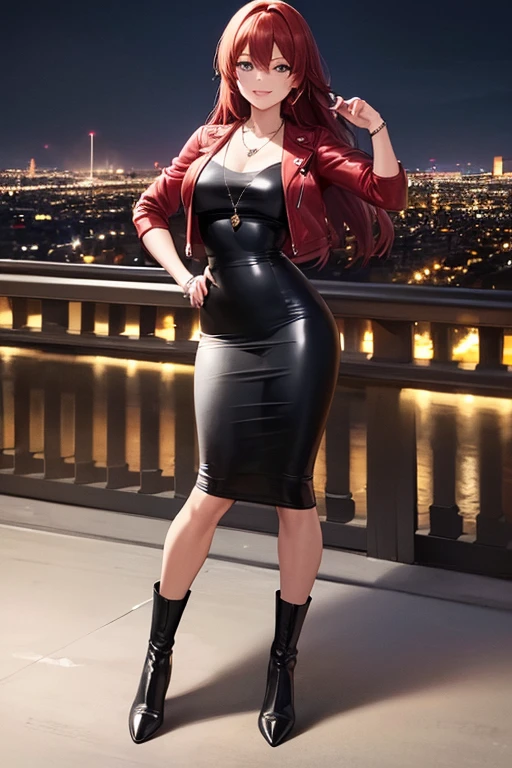 ((masterpiece, best quality, ultra-detailed)), beautiful woman looking at viewer, smiling, red leather jacket, black maxi pencil skirt, long black pencil skirt, leather boots, wearing necklace, full body, brown hair, city rooftop, fence, night sky, lights, hand on hip