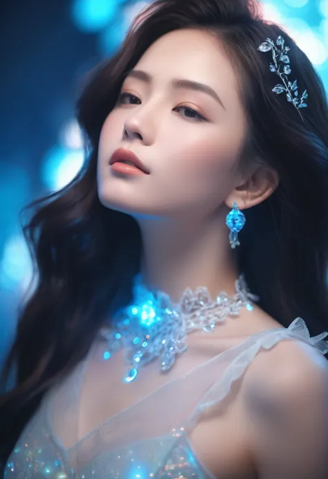 ((jewel_light element)), (translucent luminous body_wearing a light frilly blouse:1.3), (girl made of light: 1.2, long wavy hair...