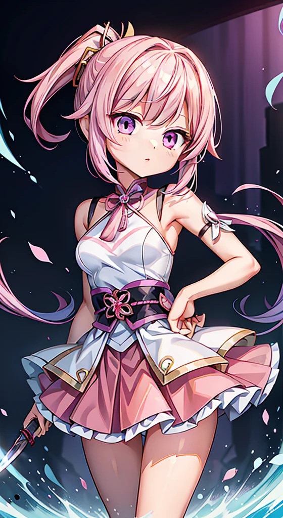 Anime girl in pink dress holding a knife and a pocket knife, ayaka Genshin Impact impact, Genshin Impact, keqing from Genshin Impact impact, Genshin Impact impact character, Cute anime girl in a beautiful skirt, Shatir from Overlord, ayaka game Genshin Impact impact, Gu Weiss, Portrait of a magical girl, Maintain your posture