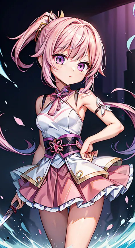 anime girl in pink dress holding a knife and a pocket knife, ayaka genshin impact impact, genshin impact, keqing from genshin im...