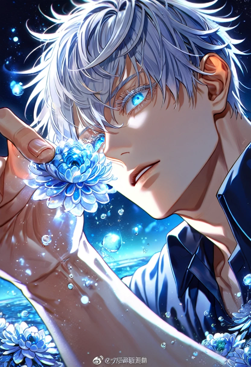 absurdres, highres, ultra detailed, HDR, master piece, best quality, extremely detailed, Gojou Satoru, white hair, black sunglasses, expressive blue eyes, white eyelashes, Jujutsu Kaisen, solo, sexy man, handsome, light blue shirt, fantasy, water, sparkling, blue glittering fireflies, blue moon, blue blossoms, blue chrysanthemums, blue sparkling lights, starry sky, magical