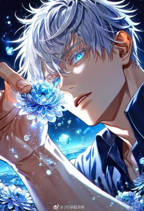 absurdres, highres, ultra detailed, HDR, master piece, best quality, extremely detailed, Gojou Satoru, white hair, black sunglas...