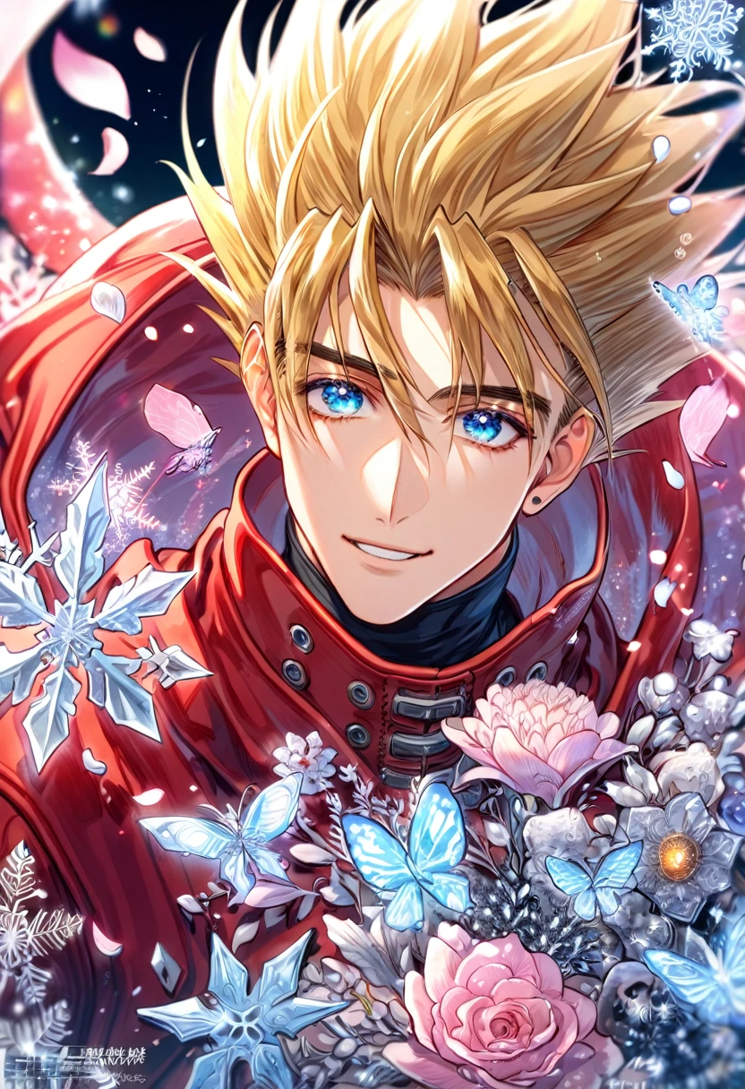 Ultra detailed, HDR, Highres, absurdres, master piece, Vash Stampede, blonde spiked hair, expressive blue eyes, amber round sunglasses, red trench coat, Trigun, handsome, ice glittering butterflies, ice, petals, ice pink glass flowers, glittering, fantasy, magical, snowflakes, cold, handsome smile, solo, 