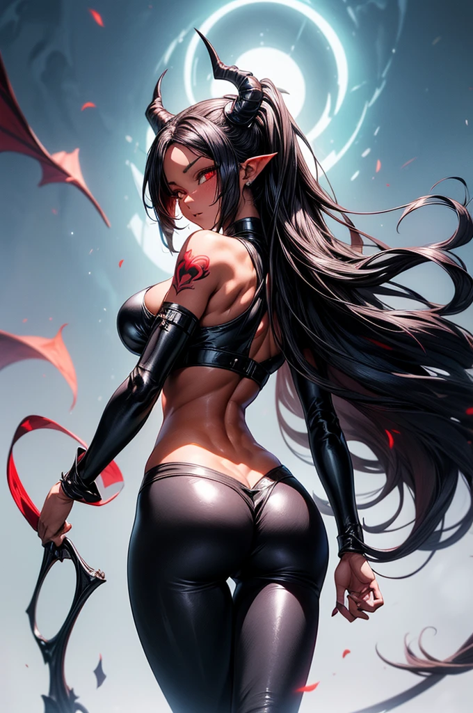 masterpiece, super detailed, high resolution, precision art, highly seductive anime girl. sexy and alluring, flawless red demonic skin, succubus, symmetrical face, beautiful olive eyes, flowing black hair, her very presence oozes seduction and allure, S-shaped body, black onyx colored horns jutting out her forehead, heart shaped tail protruding from her back, sexy and arousing slim body with enticing breasts, intricate and beautiful heart shaped tattoo engraved on her stomach, wearing crop-top and form-fitting leggings that accentuate her round ass, hip-level shot